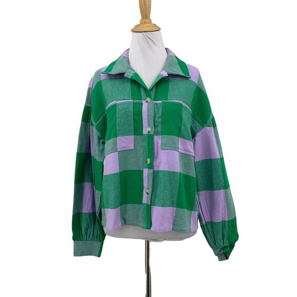 Sanctuary Plaid Button Top Womens XS Pine Check Pocket Detail Cotton Loose Crop - Picture 1 of 13